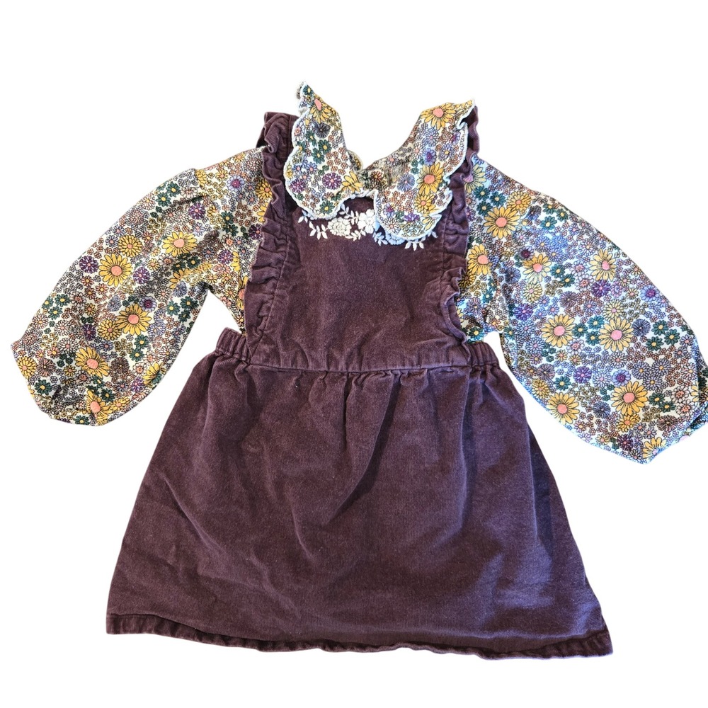 Matalan Girls Purple Corduroy Pinafore Dress and‎ Floral Top Set 2-3 Years